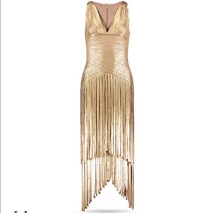 Rare Herve Leger Deep V Layered Foil Fringe Dress